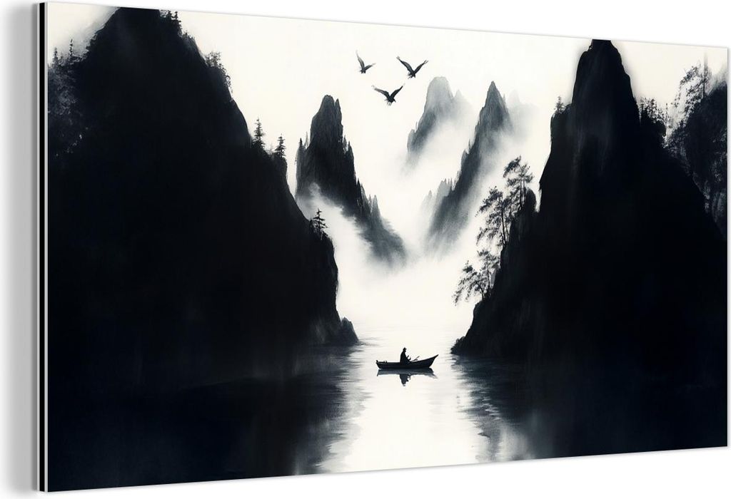 MuchoWow Wanddekoration Metall Metallbild Wandkunst 80x40 cm Ruderboot - Neblig - Berge - Vögel MuchoWow Aluminium Gemälde - Wanddekoration - Alu...