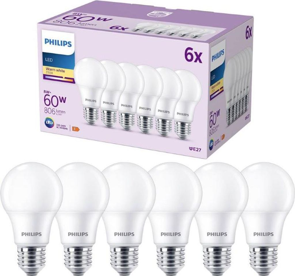 Philips LED Classic Lampe 60W E27 Warmweiß 806lm matt 6er Produktbild 