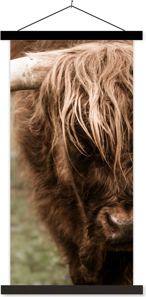 MuchoWow Textilposter Schottisches Hochlandrind - Nahaufnahme - Hoorn 60x120 cm mit schwarzem Rahmen - Magnete