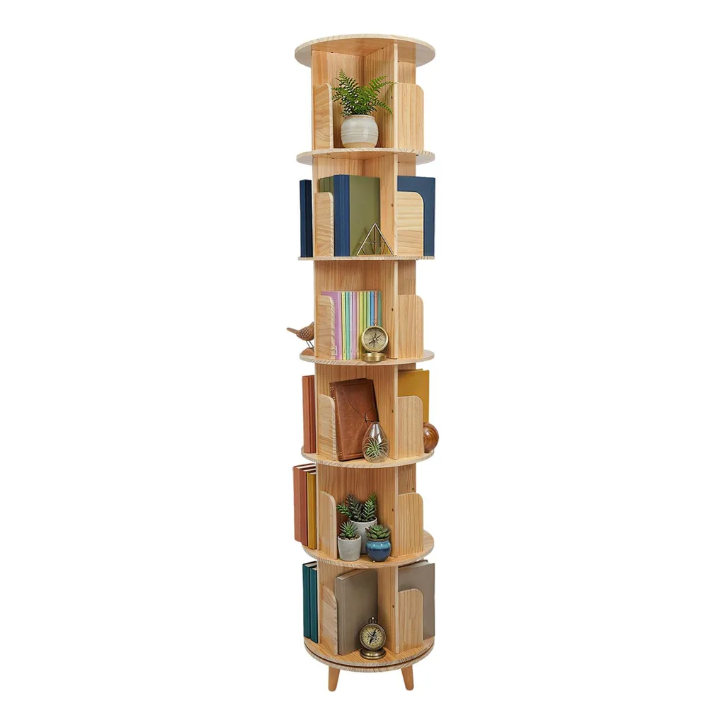 Bibliothèque tournante gain de place, étagère multifonction bois et métal