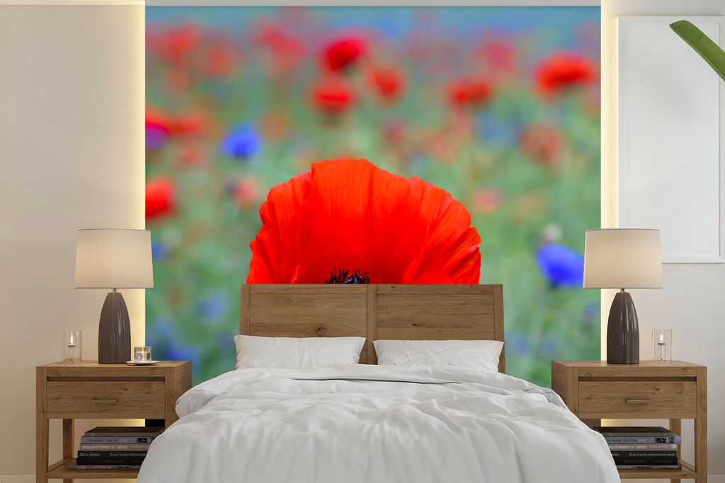 MuchoWow Fototapete für Wohnzimmer oder Schlafzimmer Wandtapete Vinyl Motivtapete Lila und rote Mohnblumen auf einer Wiese - 280x280 cm - Hinter...