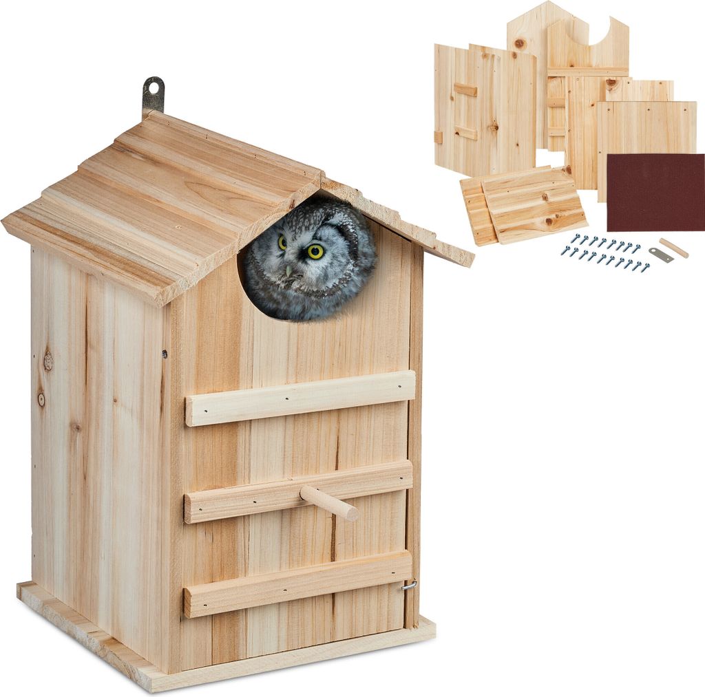 Relaxdays Eulen Nistkasten, Bausatz, Holz, Einflugloch H x Produktbild 