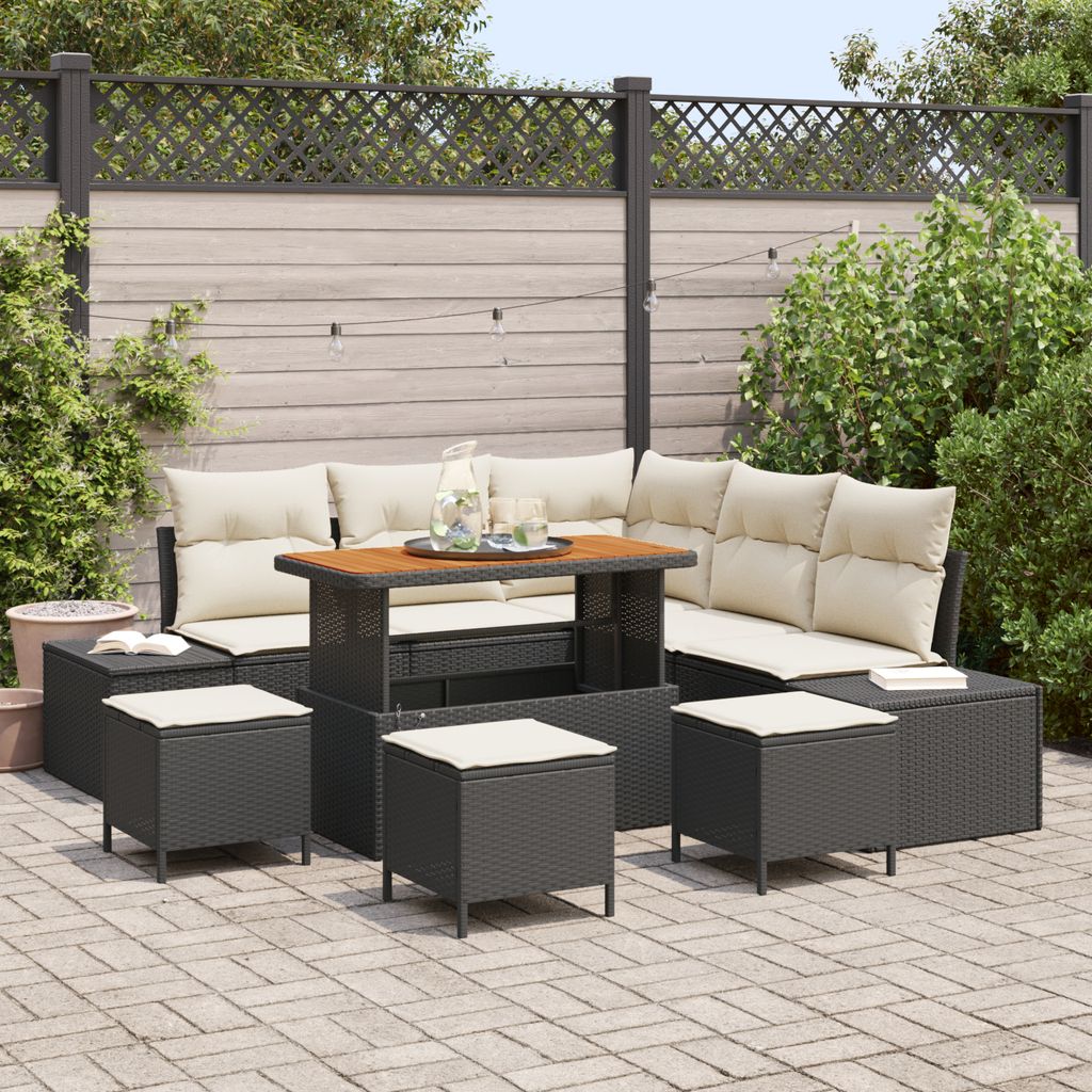 Desgin 9-teiliges Garten-Sofa-Set mit Kissen Schwarz Poly-Rattan Akazie - Gartensofas 3364740