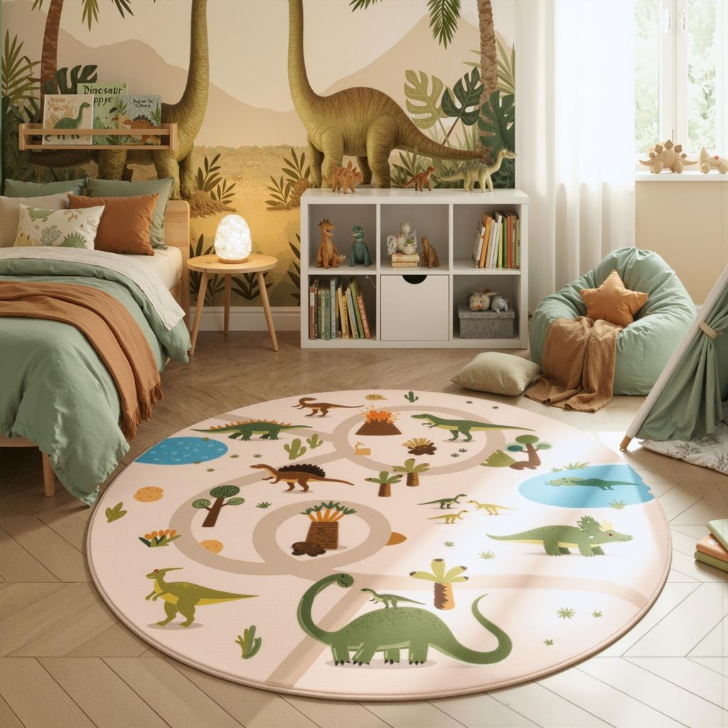 Homebyhome Kinderteppich Dinosaurier Spielteppich rund 160 cm für Kinderzimmer in Beige Dino Motiv ideal als Spielunterlage