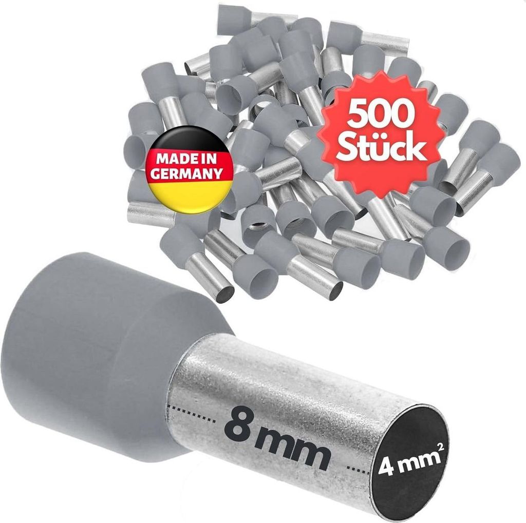 500 Stück Kalitec AE408GR Aderendhülsen isoliert 4,0mm² 8mm lang grau I Germany I Industriequalität