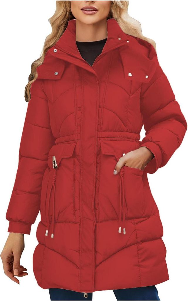 ASKSA Damen Daunenmantel Lang Winterjacke Winter Warm Puffer Jacke Einfarbigr mit Taschen Outdoor Winddicht Mantel Parka (Rot,L)