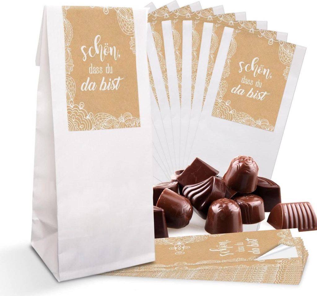 Weiße Blockbodenbeutel mit Folieneinlage 7 x 4 x 20,5 cm – mit Banderolen „Danke“ & „Schön, dass du da bist“"Schön, dass du da bist" b...