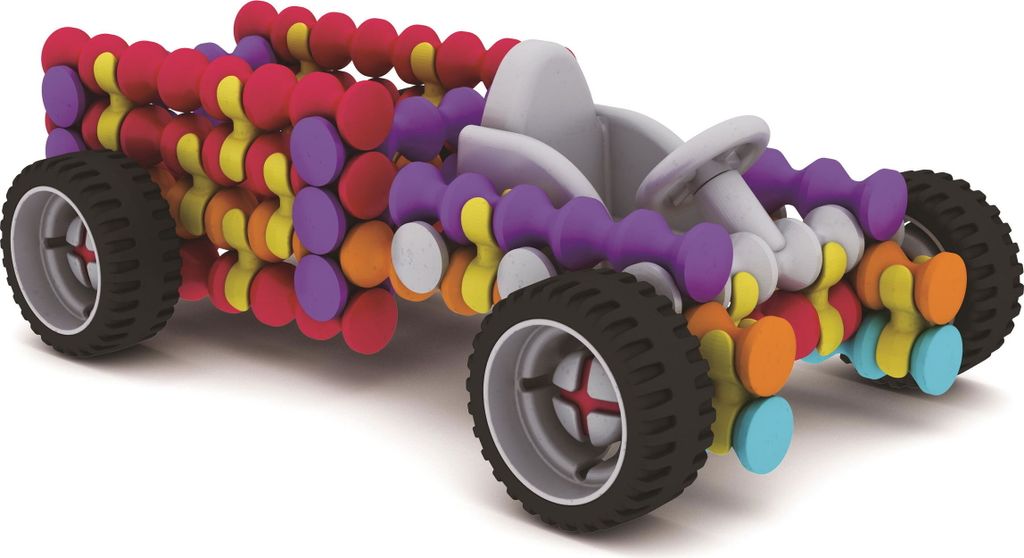 A colorful toy car made of interlocking pieces.