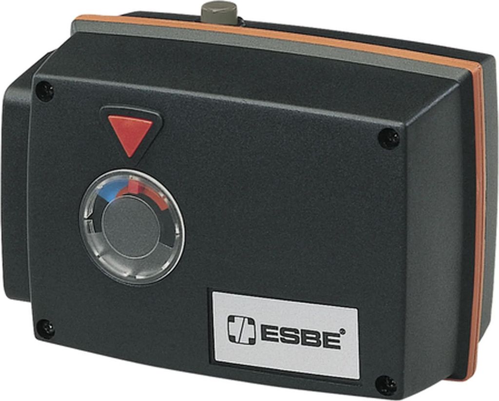 A black electronic device with orange trim and a dial with red and blue markings.