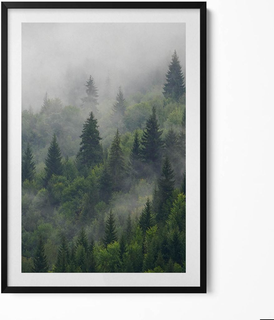 Waldlandschaft im Nebel– Wandbild mit Rahmen – Gerahmtes Bild – Wanddekoration – 70x100 cm – Schwarz Rahmen
