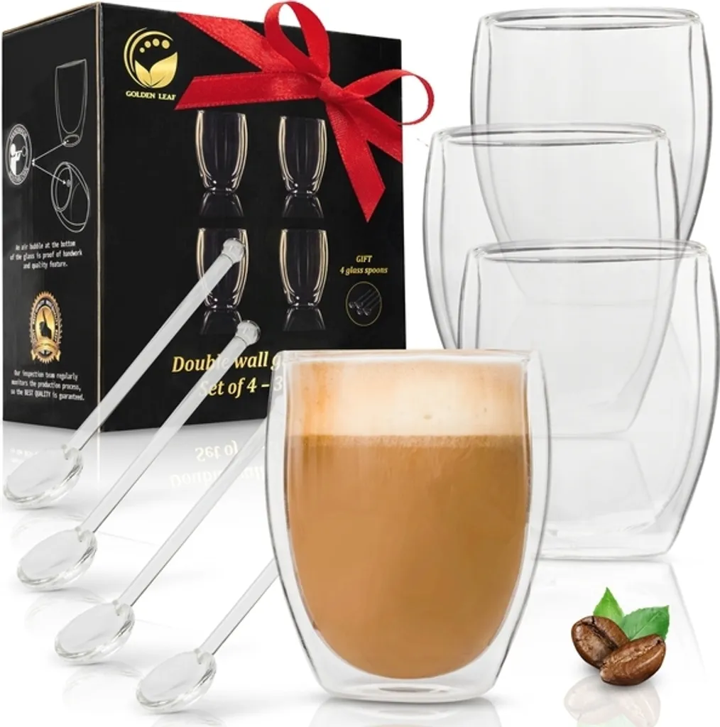 4 Tazze Vetro Doppia Parete 350ml - Ideali per Famiglie e Bambini