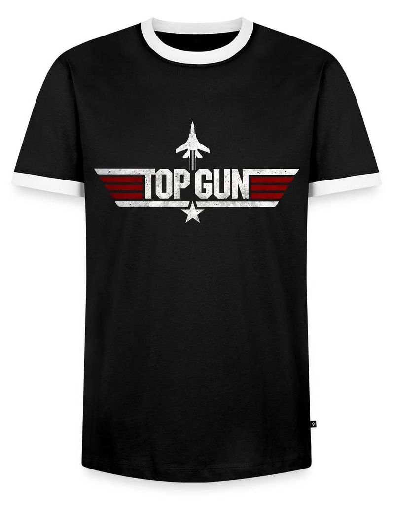 Spreadshirt Top Gun Jet Logo Used Look Männer Kontrast T-Shirt, S, Schwarz/Weiß