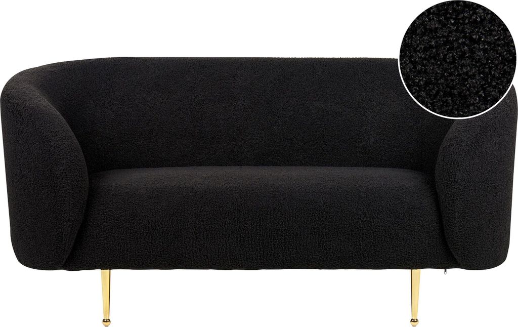 BELIANI Sofa Schwarz Bouclé Stoffbezug 2-Sitzer mit Armlehnen Metallgestell in Gold Glamouröser Edler Stil Wohnzimmer Salon Esszimmer Flur