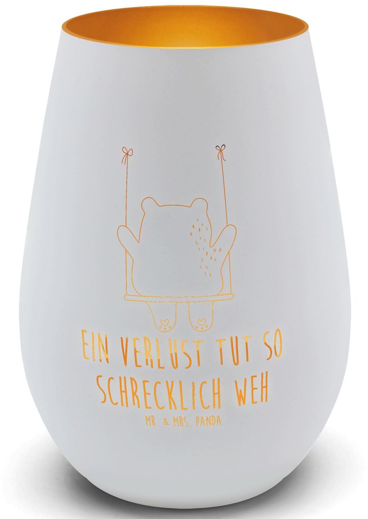Mr. & Mrs. Panda Outdoor Windlicht Bär Schaukel - Weiß - Geschenk, Glas, Laterne, Teelichthalter, Teddy, Kerzenhalter, Gold