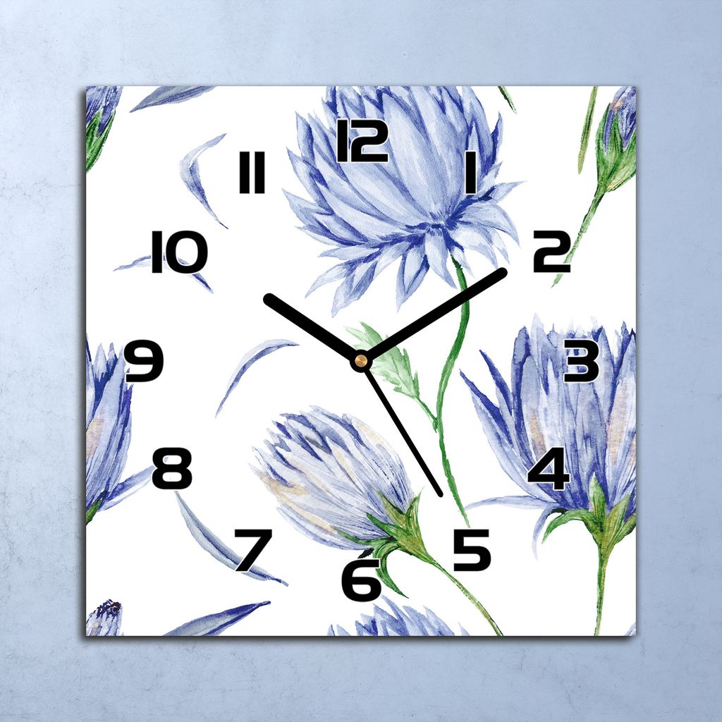 Wanduhr Echt-Glas-Küchenuhr Blaue Blumen Quarz Lautlos 30x30 Deko Bilder