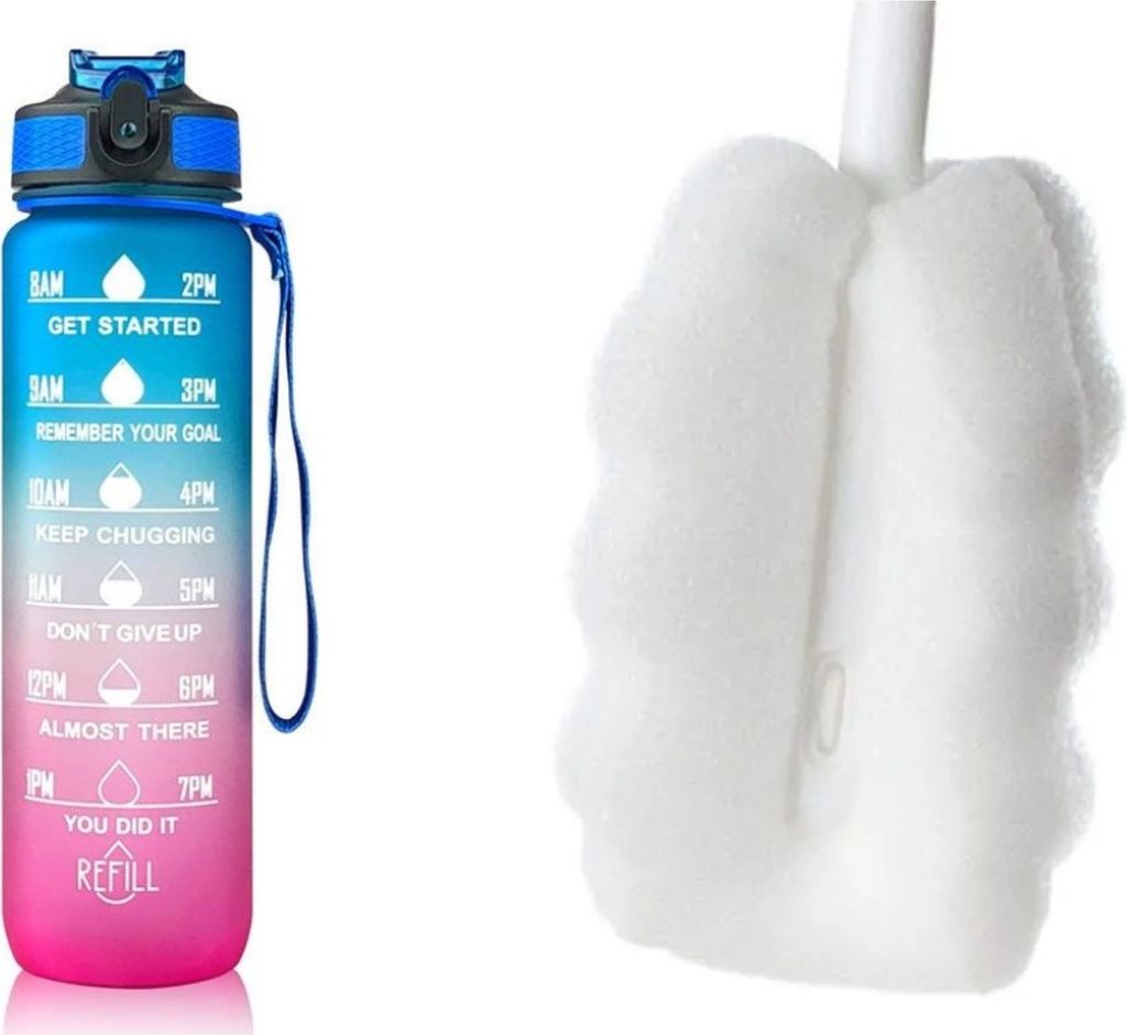 Sport Trinkflasche 1 Liter, Trink Motivation, Strohhalm & Shaker Ball, Fitness, Schule, Büro, leicht, auslaufsicher (Blau/Pink + Reinigungsbürste)