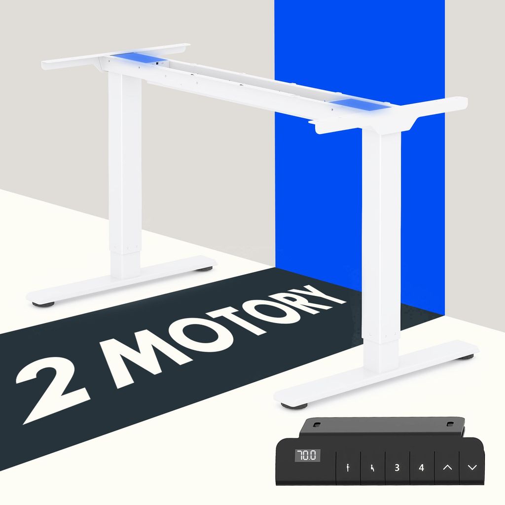 A white electric standing desk frame with a black control panel and text overlayed on a dark background.