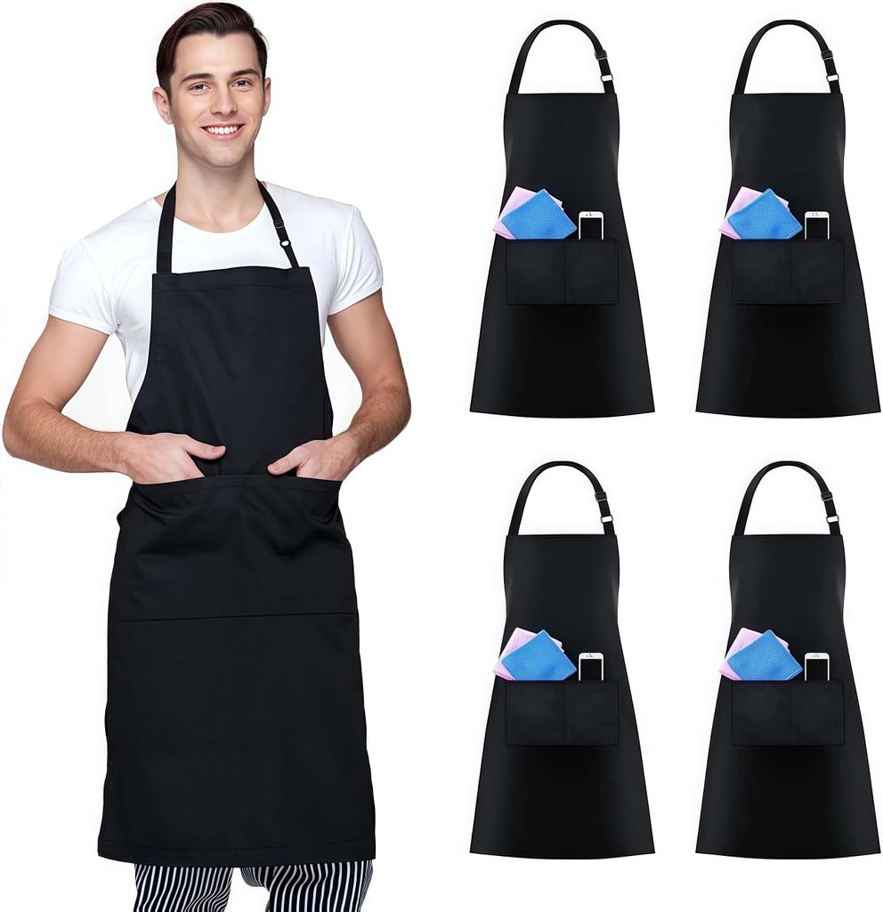 Küchenschürzen, 4er Latzschürze Set, wasserabweisende Schürzen mit verstellbarem Nackengurtlänge, Taschen, Schwarz