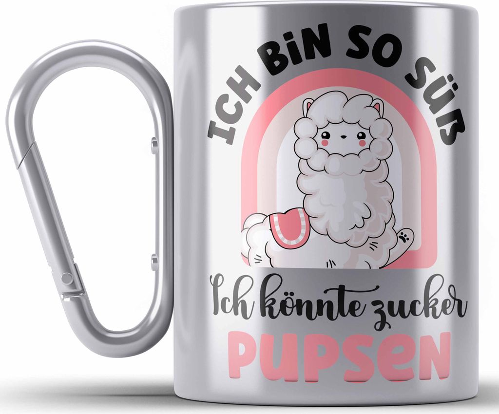 Trendation - Geschenk für beste Freundin Edelstahl Tasse Karabiner Alpaka Llama Edelstahl Tasse Karabiner mit Spruch Ich Bin So Süß Ich Könnte ...
