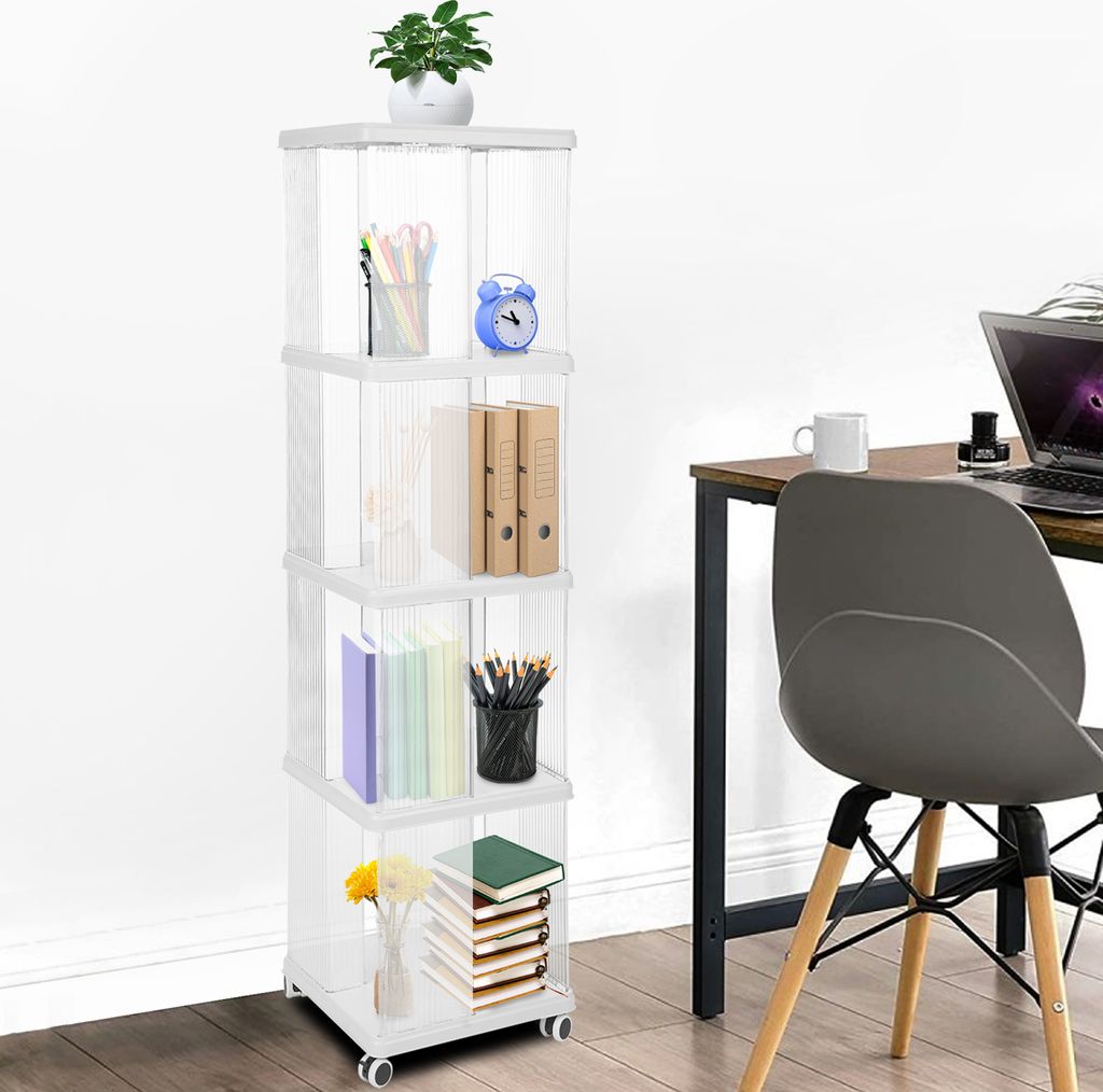4 Etagen 360° Drehbares Bücherregal auf Rollen Kunststoff Modernes Lagerregal 36*36*138,5cm Klar
