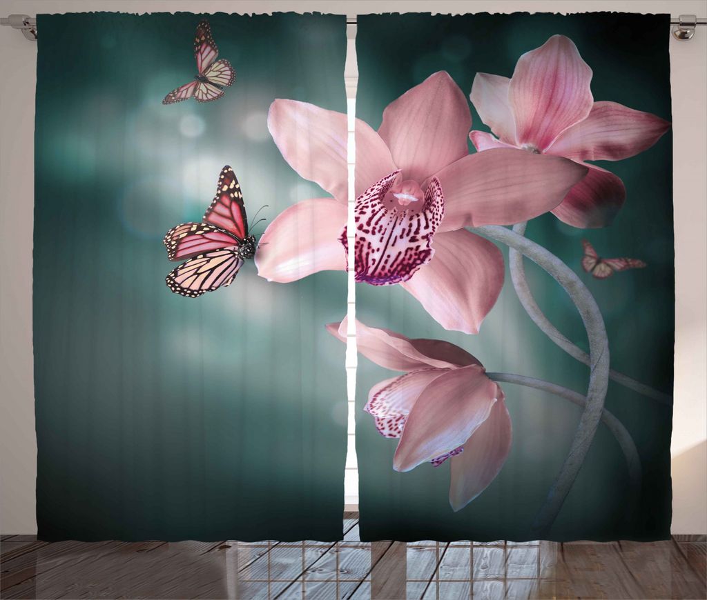 ABAKUHAUS Blumen Rustikaler Gardine, Orchideen-Blume Schmetterling, Schlafzimmer Kräuselband Vorhang mit Schlaufen und Haken, 280 x 245 cm, Jadegr...