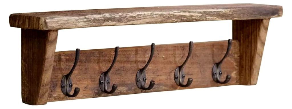 Wandgarderobe Belluno im Vintage-Stil mit 5 Haken, rustikale Garderobenleiste aus Teakholz mit Ablage für Flur, Schlafzimmer und Badezimmer