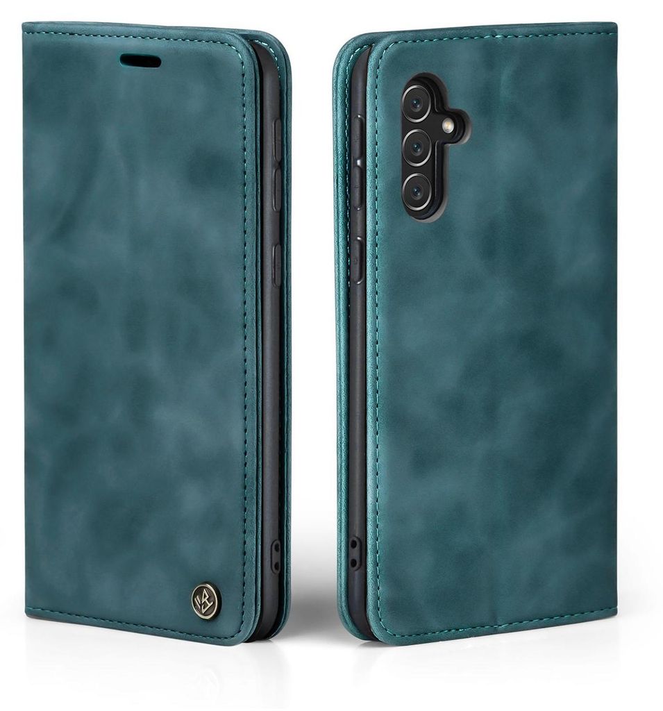 A teal flip case for a Samsung Galaxy A34 5G phone, shown from the front and back.