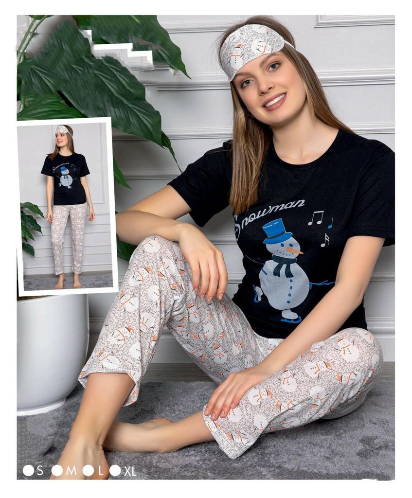 Damen Pyjama Schlafanzug Schwarz M Kurz 3-Teiler Set mit Augenband L-72