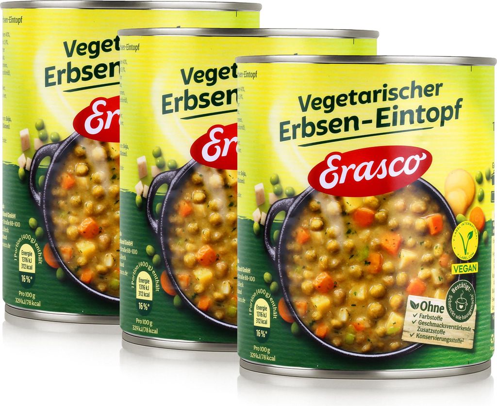 Erasco vegetarischer Erbsen-Eintopf 800g Fertigessen (3er Pack)
