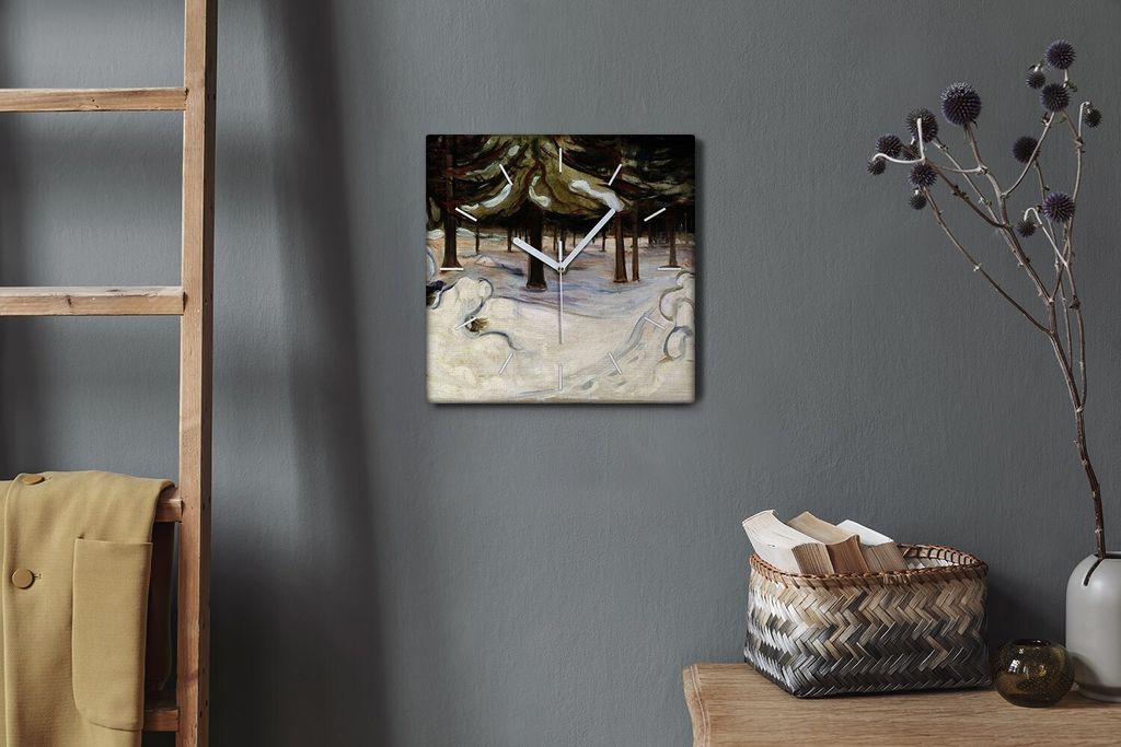 Coloray Hodiny Unikátní 30x30 cm Tiché hodiny Pro obývací pokoj a kuchyň Nástěnné hodiny Plátno Bílé ručičky hodin - Zima v lesním ...