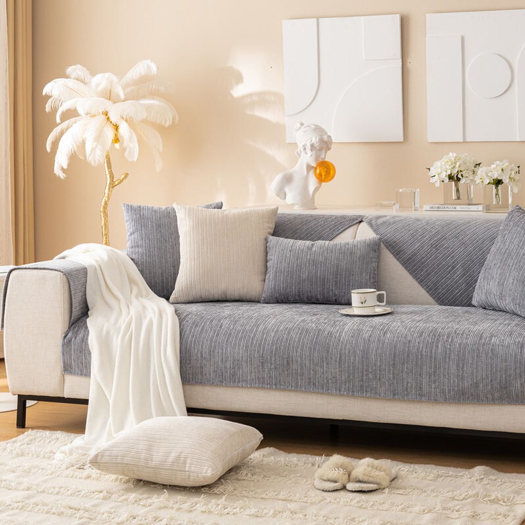 (Grau, 70 * 70 cm) Weicher Chenille-Sofa-Couchbezug, einfarbig, gestreiftes Gewebe, strukturierte Schnittsofabezüge, waschbarer, rutschfester Sofa...