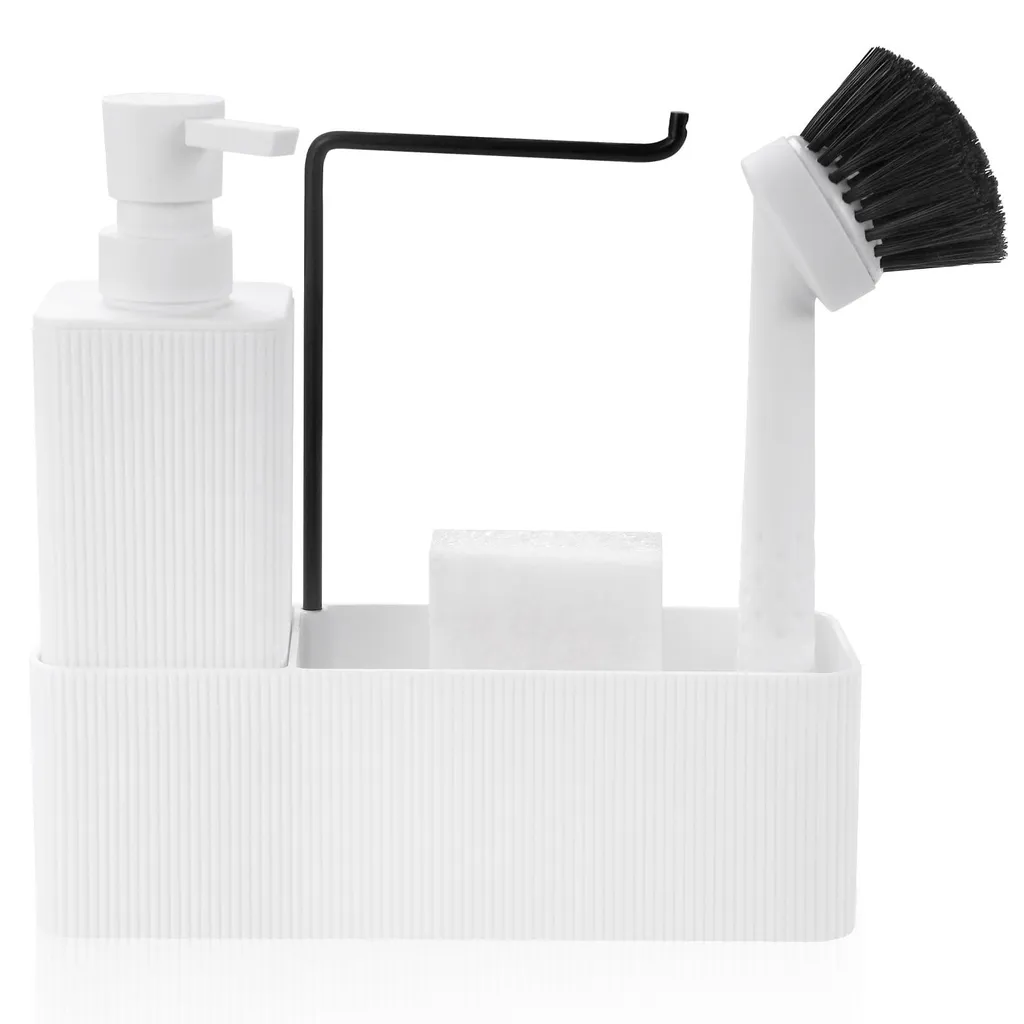 Distributeur de liquide vaisselle blanc 4-en-1 avec porte-éponge et brosse