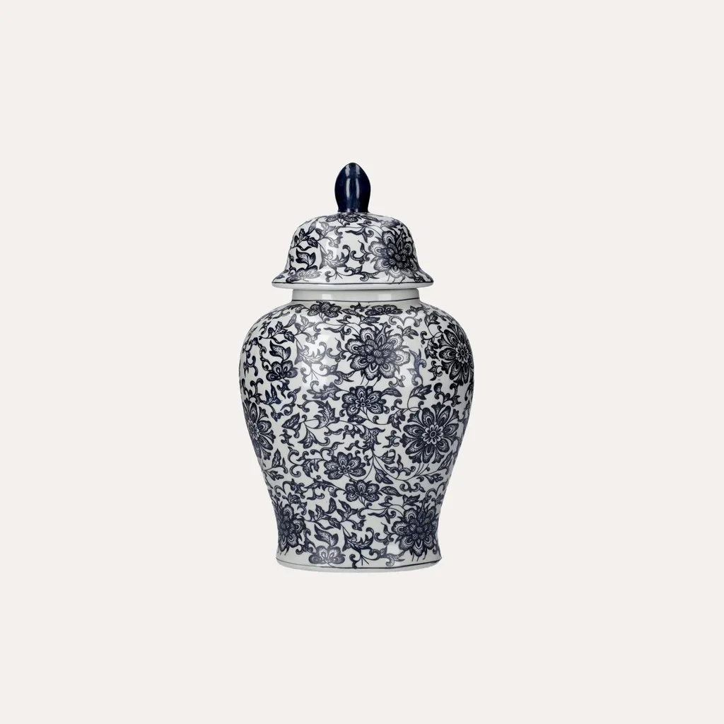 KEYHOMESTORE Potiche Ovale en Céramique Fleurs Bleues H38x21x14 cm