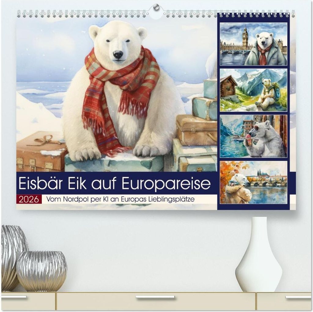 Eisbär Eik auf Europareise (hochwertiger Premium Wandkalender 2026 DIN A2 quer), Kunstdruck in Hochglanz