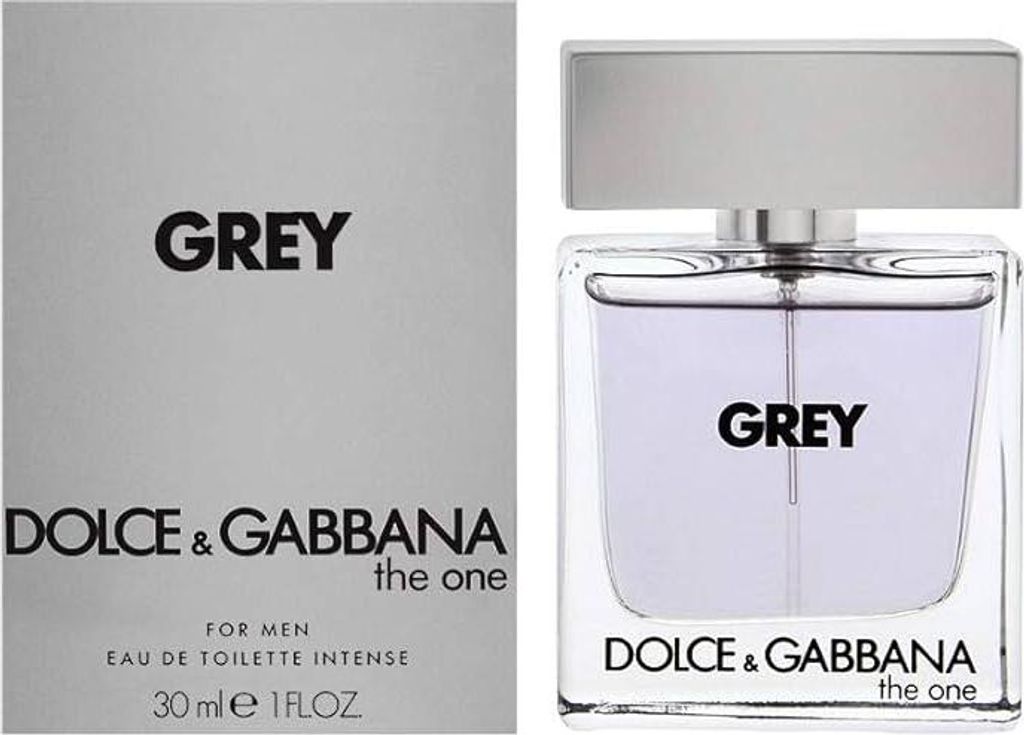 A product shot of Dolce & Gabbana The One Grey Eau de Toilette Intense perfume bottle and its packaging.