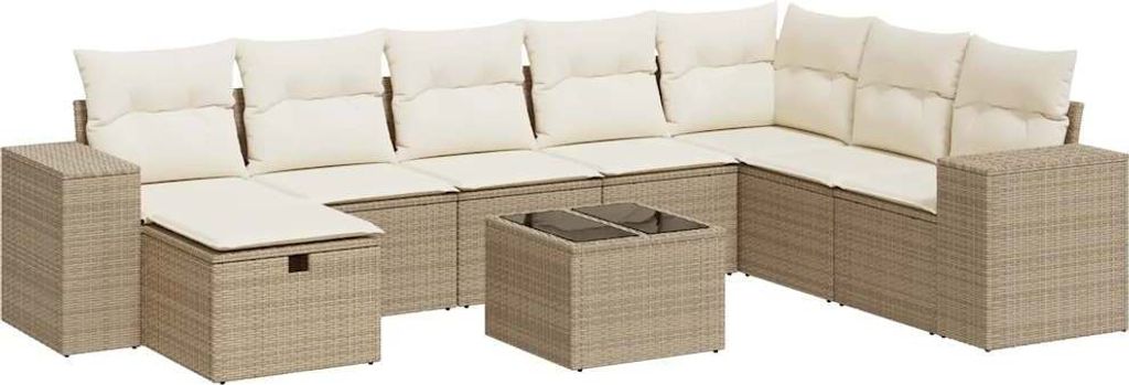 9-tlg. Garten-Sofagarnitur mit Kissen Beige Poly Rattan