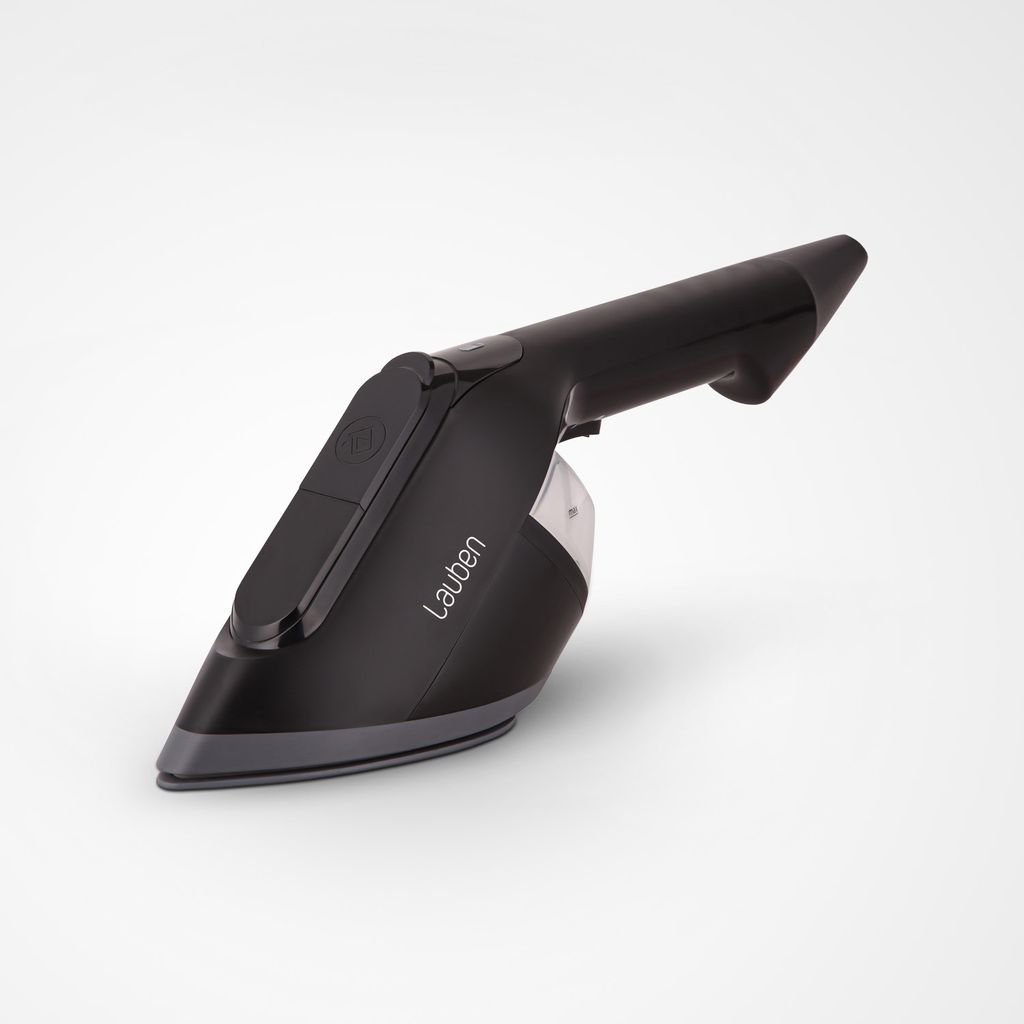 A black handheld steam iron is presented against a plain background.