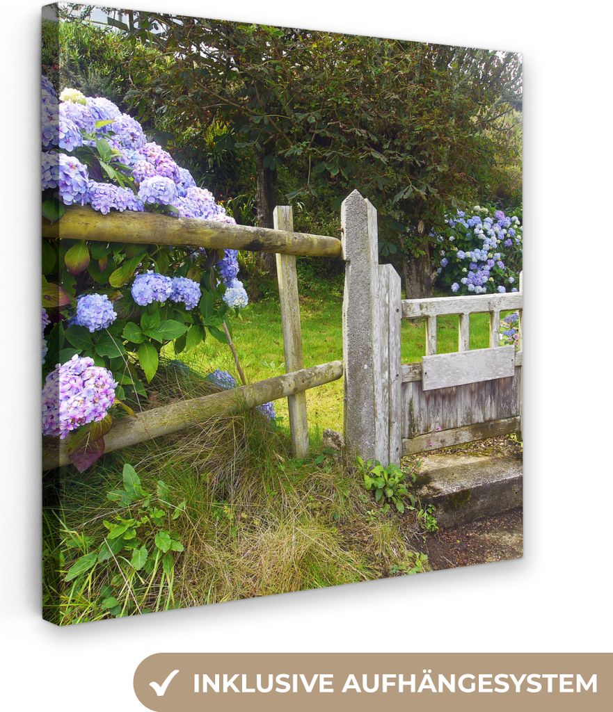 MuchoWow - Leinwandbilder - Cottage-Garten mit Hortensien, Wandbild, Wanddeko Bilder Wohnzimmer, 20x20 cm