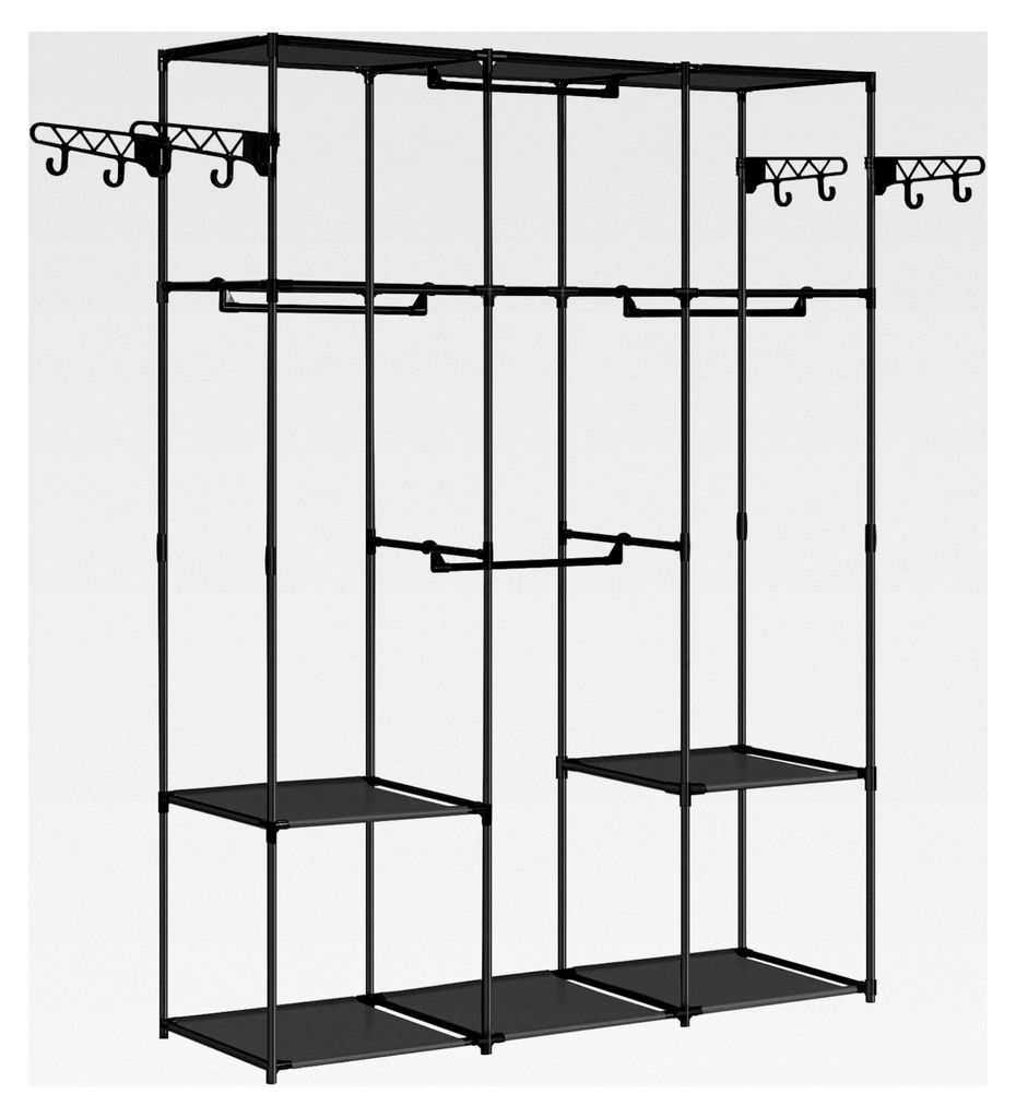 Offener Kleiderschrank, Kleiderständer mit Ablagen und Haken, Standgarderobe für Schlafzimmer, Kleiderregal aus Stoff und Metall, Schwarz