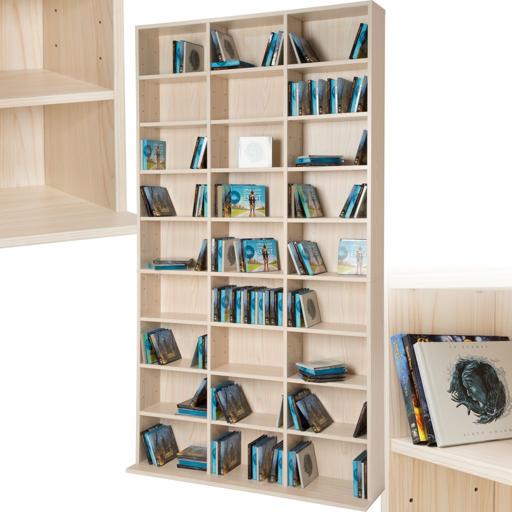 A light wood CD/DVD shelf unit filled with CDs and DVDs.