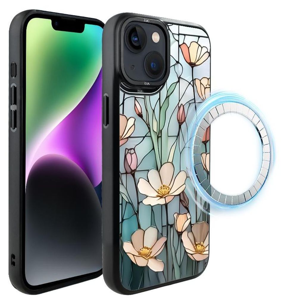Schutzhülle für das iPhone 14 Plus, MagSafe-kompatibel, mattschwarze Seiten, Glasmalerei, Feldblumen
