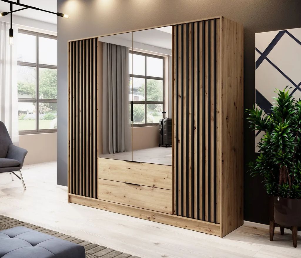 Čtyřdveřová skříň se zrcadlem MARFA - šířka 206 cm, dub Obrázek produktu 