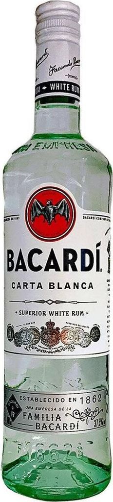 A clear, front-facing studio shot of a bottle of Bacardi Carta Blanca Superior White Rum.