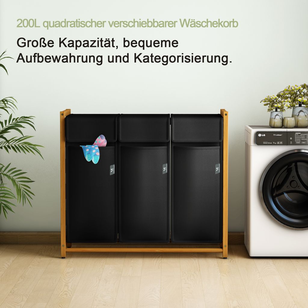 AdelDream Wäschekorb Kleidersortierer 3 Fächer Wäschewagen Produktbild 3
