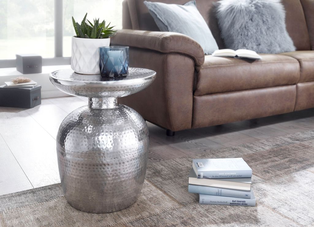 FineBuy Beistelltisch rund 37 cm silber Metall - Orientalischer Design Wohnzimmertisch Aluminium - Hammerschlag Alu kleiner Couchtisch - Dekotisch