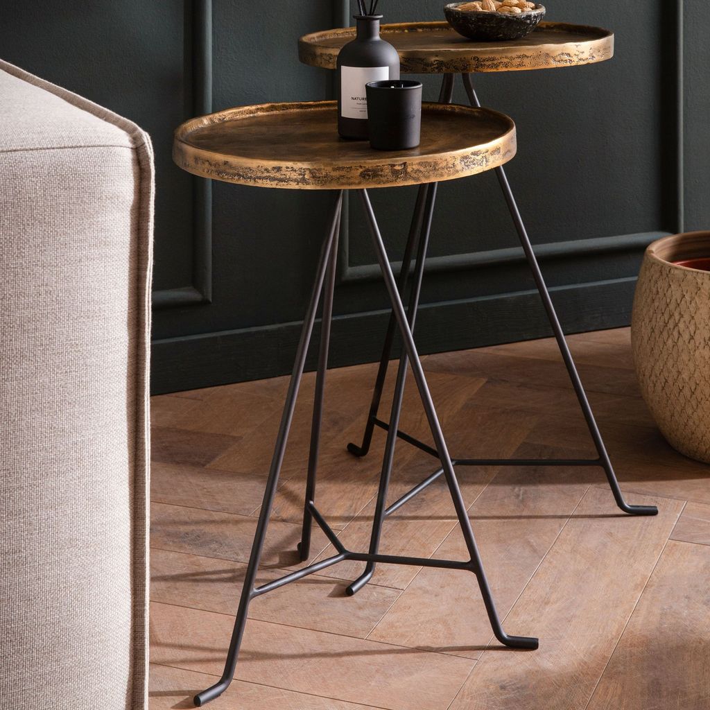 FineBuy Beistelltisch 2er Set Metall Gold / Schwarz Satztisch Rund Wohnzimmertisch Anstelltisch Modern Sofatisch Dekotisch 2-teilig Blumentisch