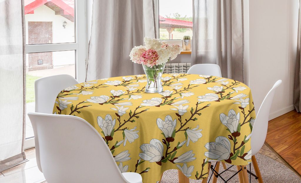 ABAKUHAUS Blumen Runde Tischdecke, Retro Magnolia Zweig Kunst, Kreis Tischdecke Abdeckung für Esszimmer Küche Dekoration, 150 cm, Mustard Brown u...