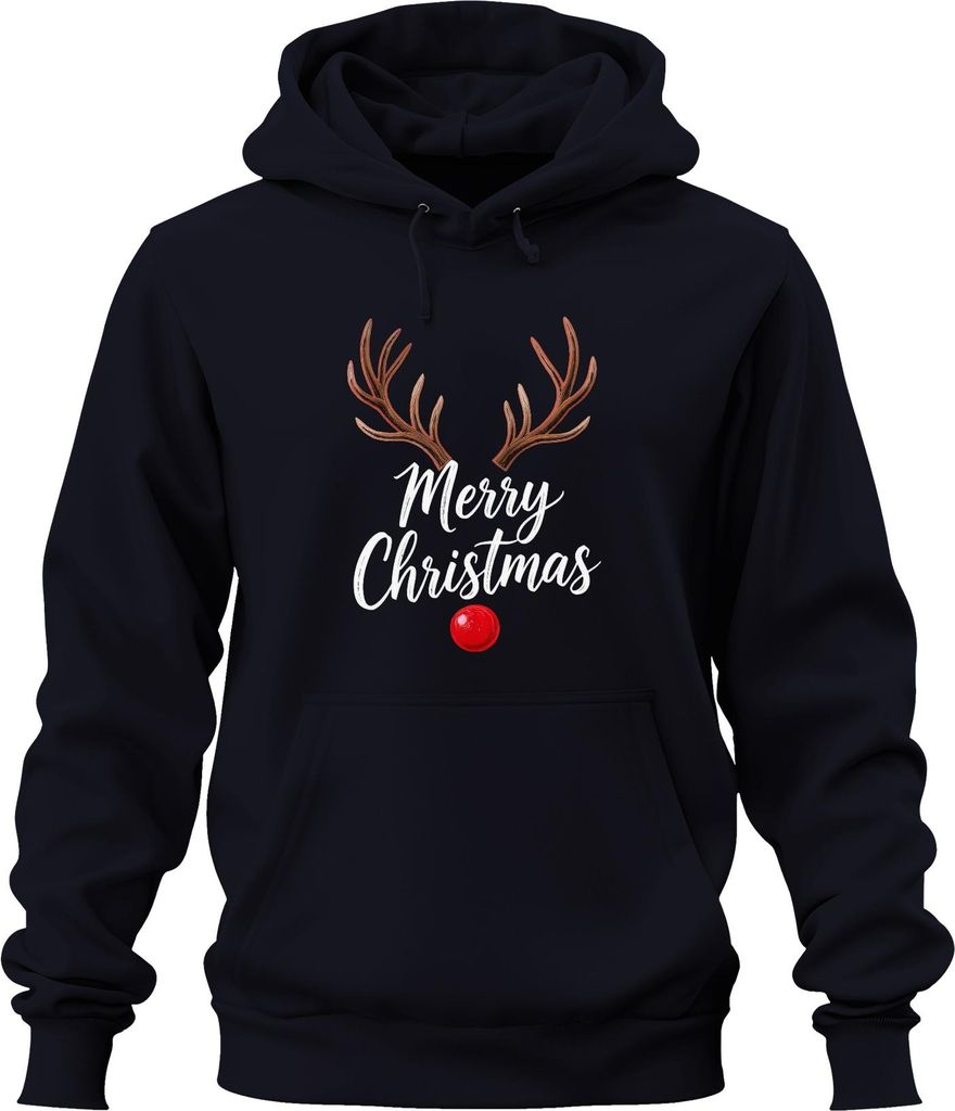 Merry Christmas Rentier Rudolph Geweih rote Nase Weihnachten Uni Hoodie Kapuzenpullover, Navy, XL