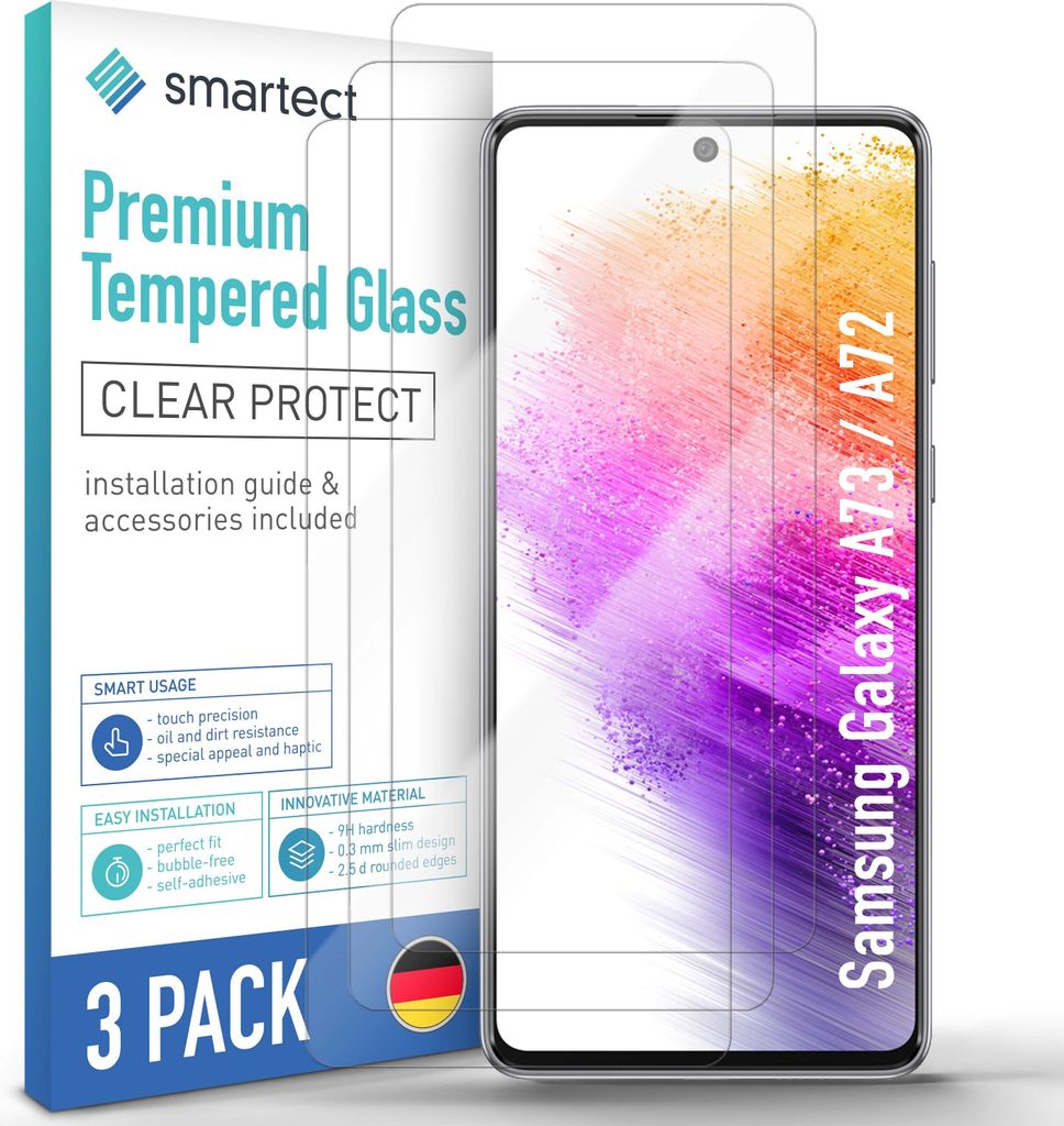 A product package for screen protectors for a Samsung Galaxy A73/A72.
