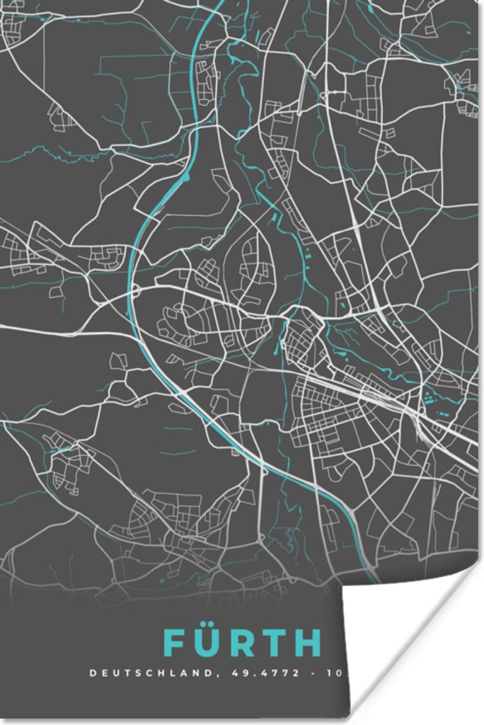 MuchoWow Poster Stadtplan - Karte - Fürth - Blau - Deutschland - Karte 20x30 cm - Papierdruck